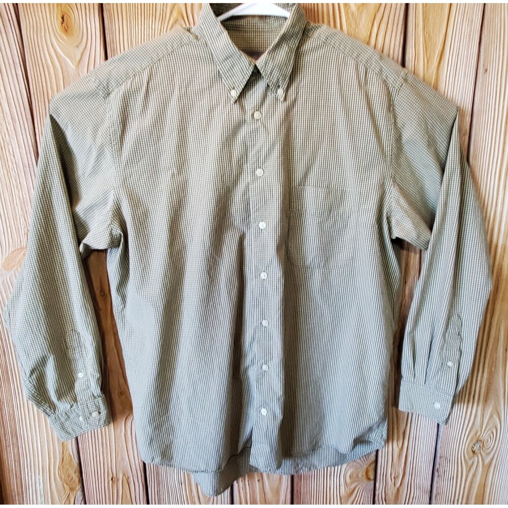 Eddie Bauer Button Down Shirt Men's L Tall Green Plaid Pocket Long Sleeve Cotton